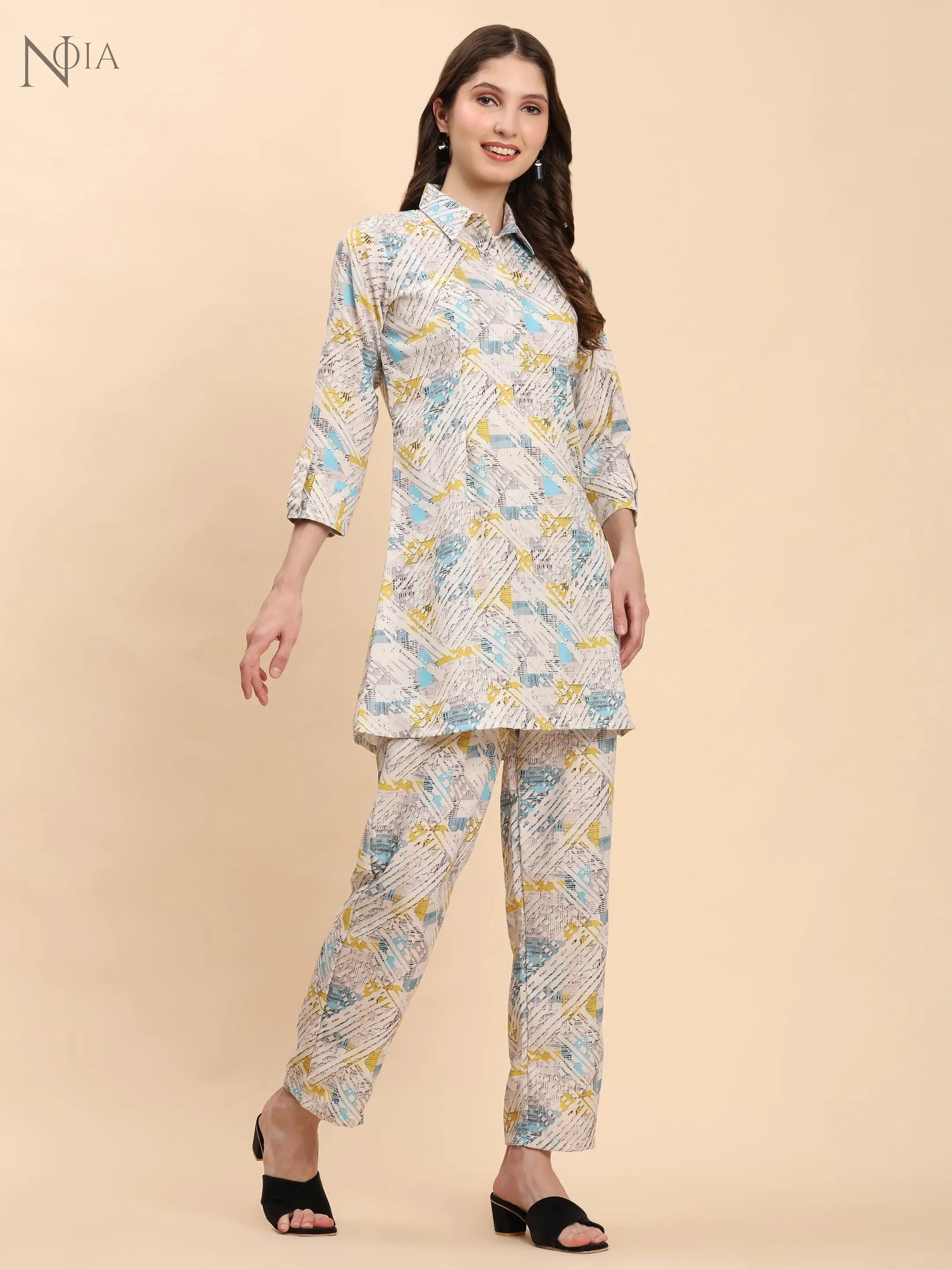 White & Multi Geometric Shirt Co-Ord Set for Women – Cotton Blend Noia