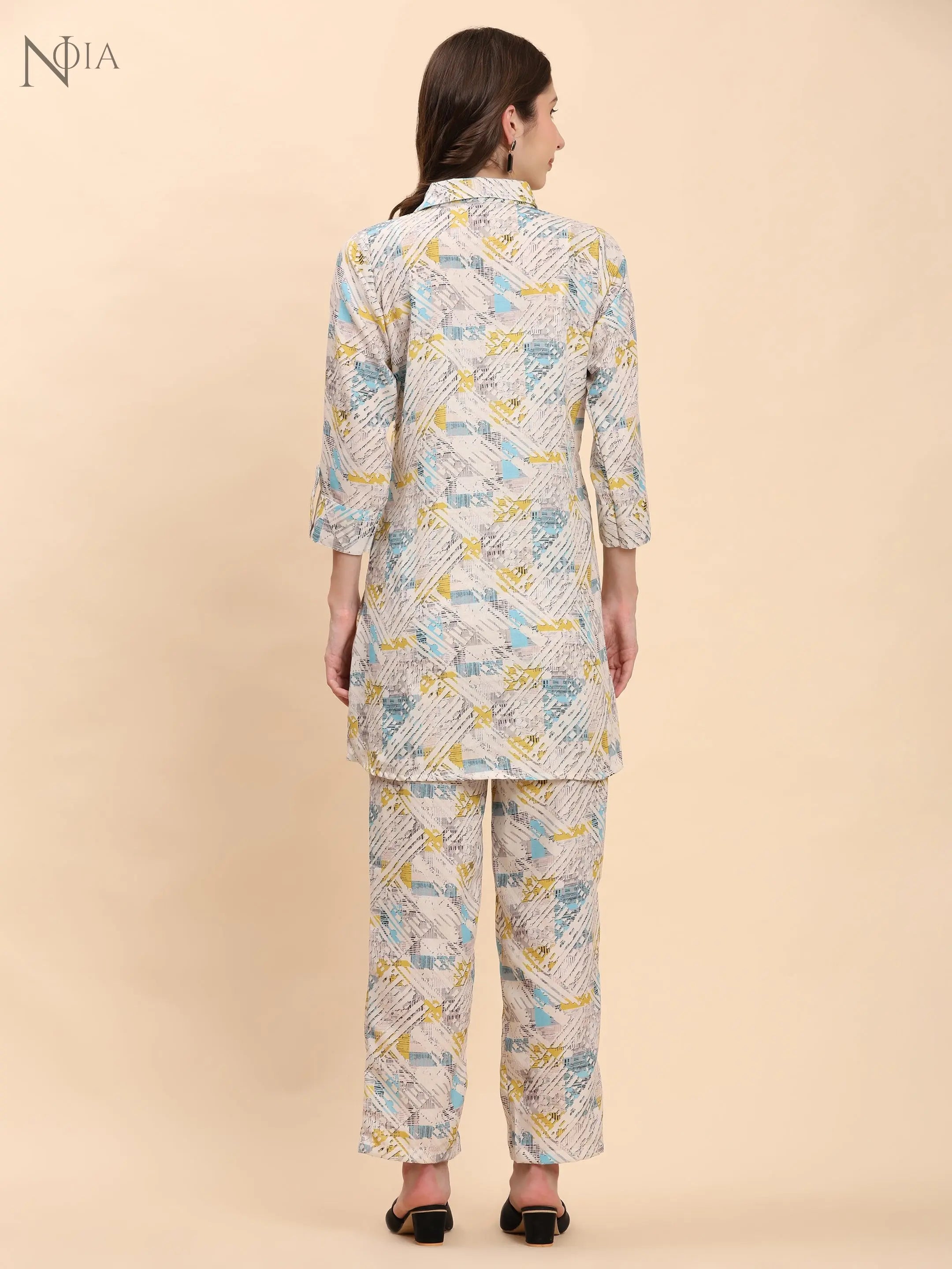 White & Multi Geometric Shirt Co-Ord Set for Women – Cotton Blend Noia