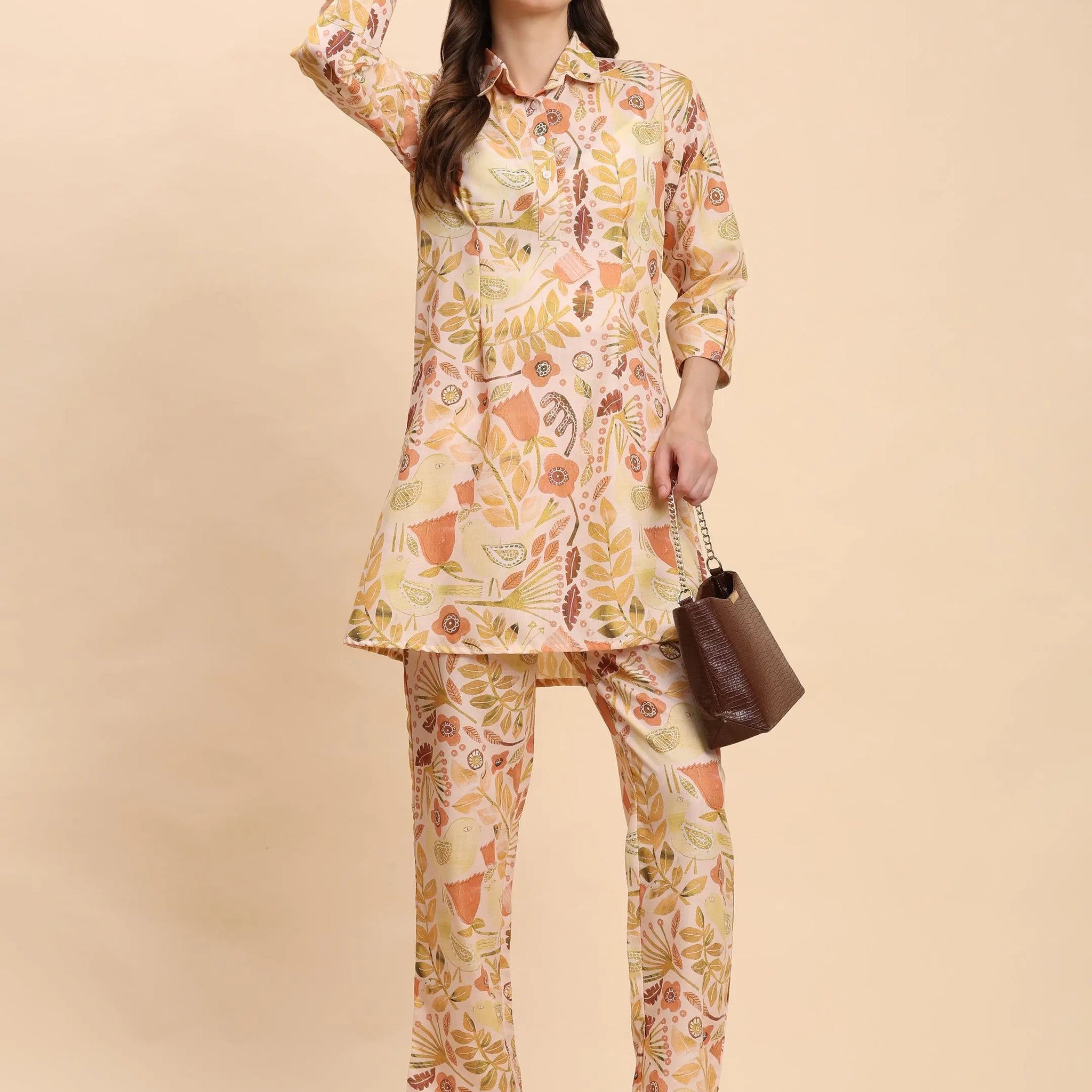 Yellow & Multi Abstract Floral Shirt Co-Ord Set – Women’s Cotton Blend Noia