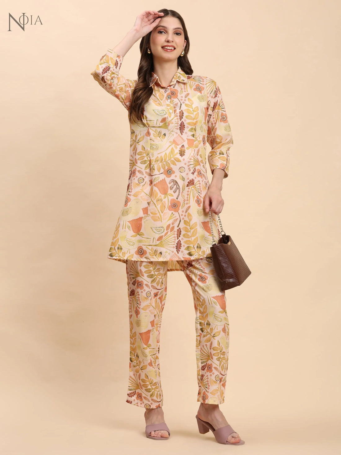 Yellow & Multi Abstract Floral Shirt Co-Ord Set – Women’s Cotton Blend Noia