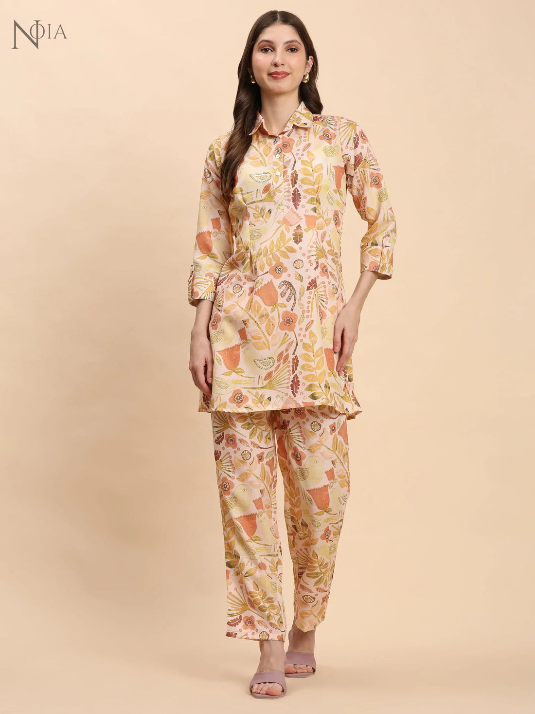 Yellow & Multi Abstract Floral Shirt Co-Ord Set – Women’s Cotton Blend Noia