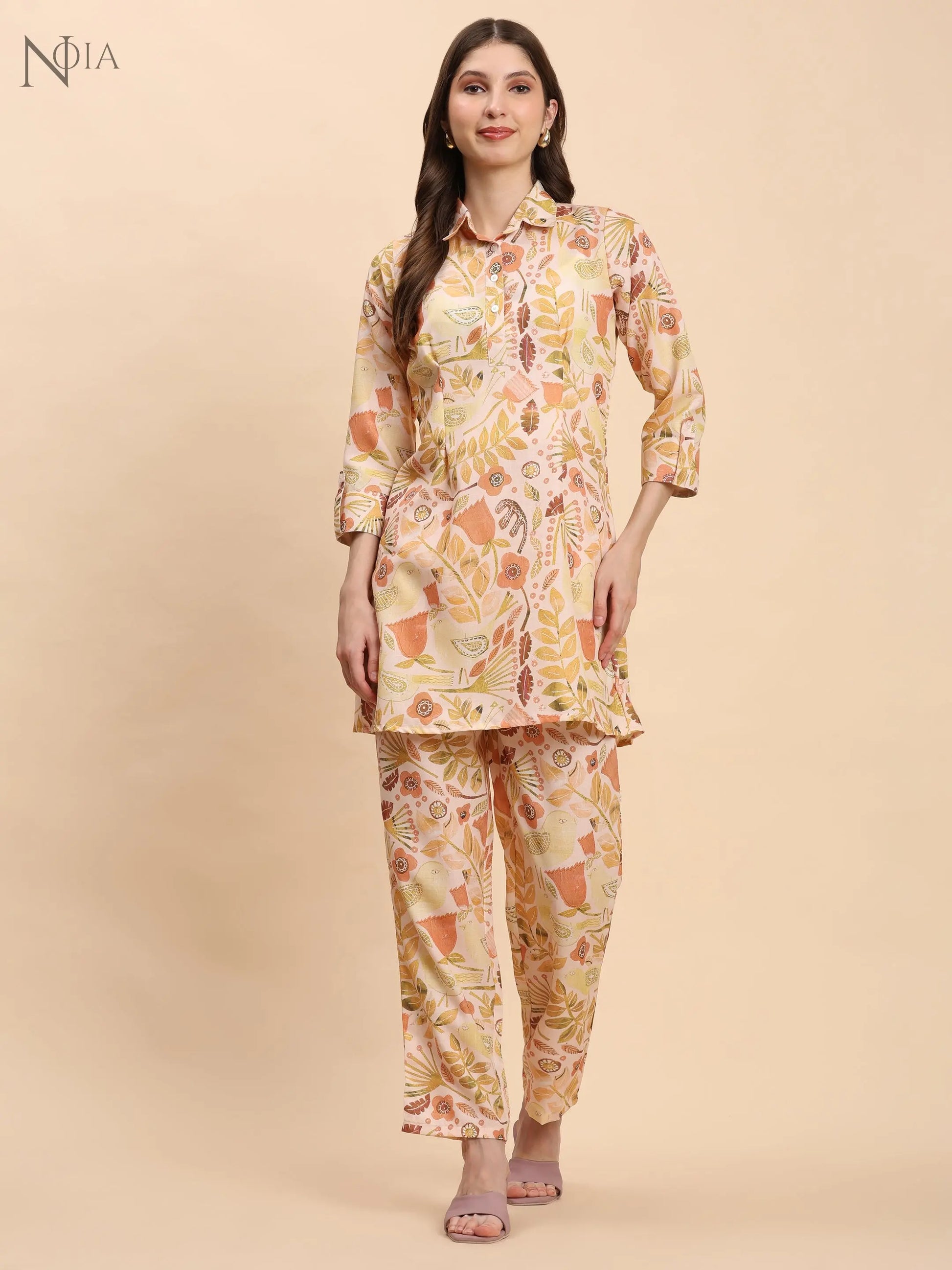 Yellow & Multi Abstract Floral Shirt Co-Ord Set – Women’s Cotton Blend Noia