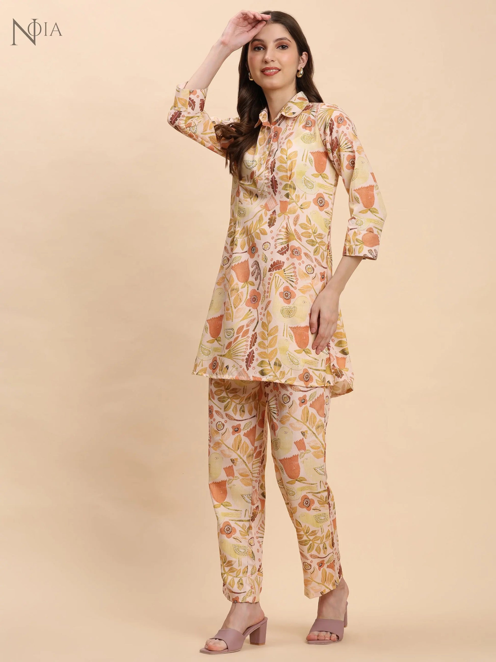 Yellow & Multi Abstract Floral Shirt Co-Ord Set – Women’s Cotton Blend Noia