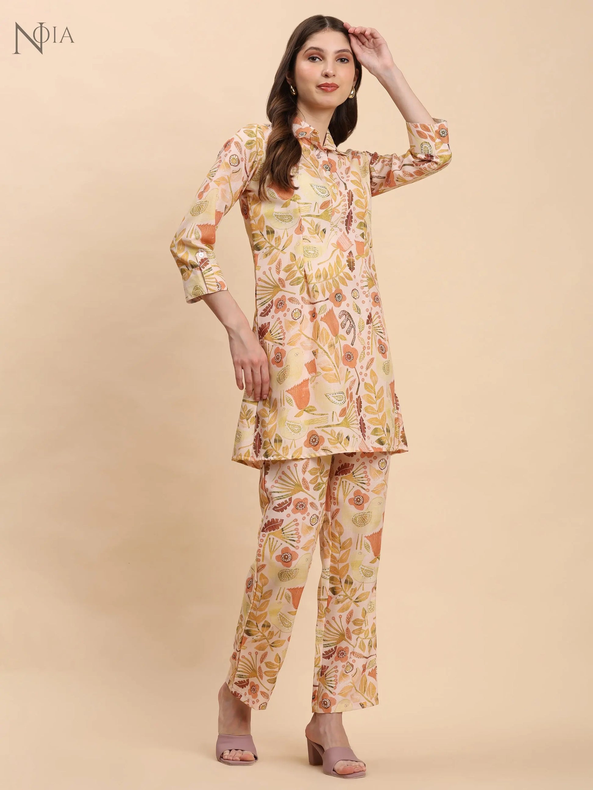 Yellow & Multi Abstract Floral Shirt Co-Ord Set – Women’s Cotton Blend Noia