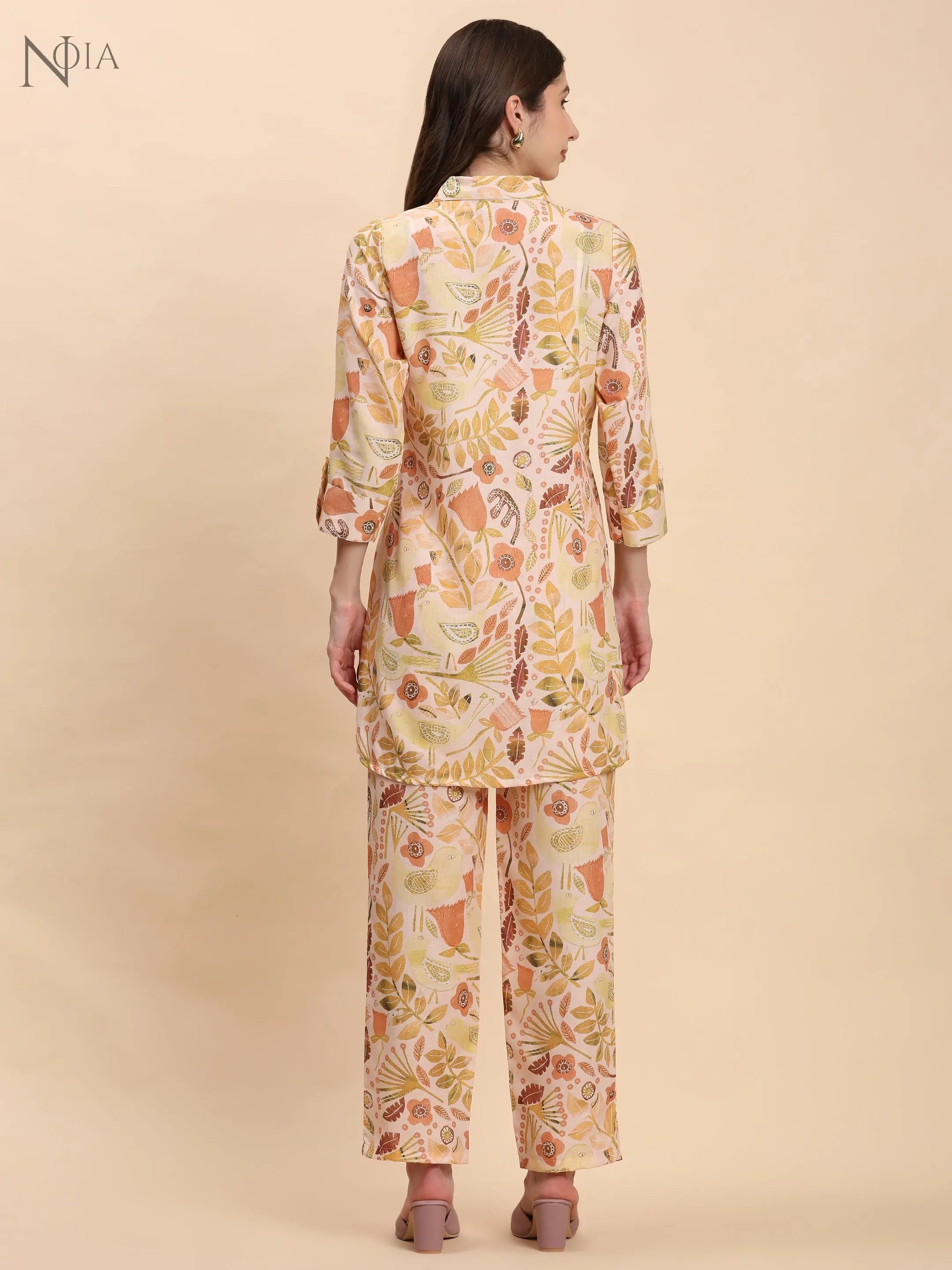 Yellow & Multi Abstract Floral Shirt Co-Ord Set – Women’s Cotton Blend Noia