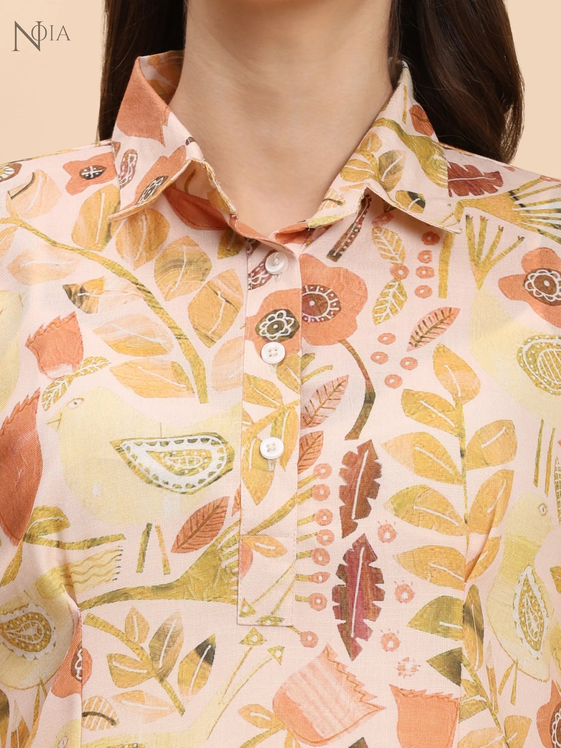 Yellow & Multi Abstract Floral Shirt Co-Ord Set – Women’s Cotton Blend Noia