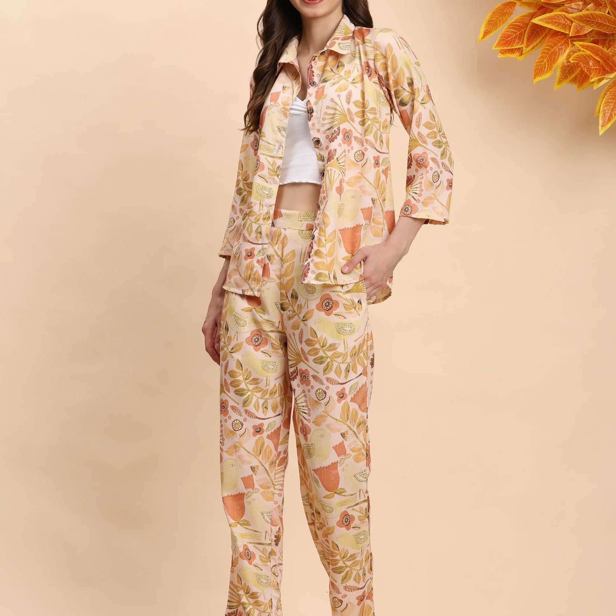 Yellow & Multi Abstract Print Co-Ord Set – Shirt & Trousers Noia