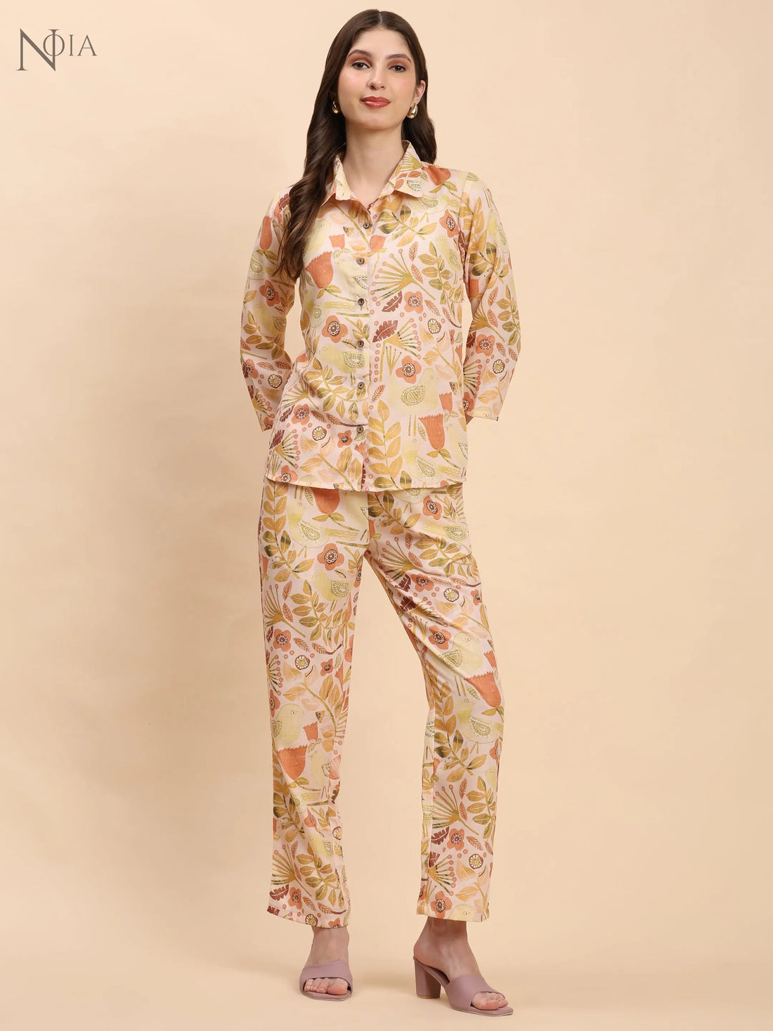 Yellow & Multi Abstract Print Co-Ord Set – Shirt & Trousers Noia