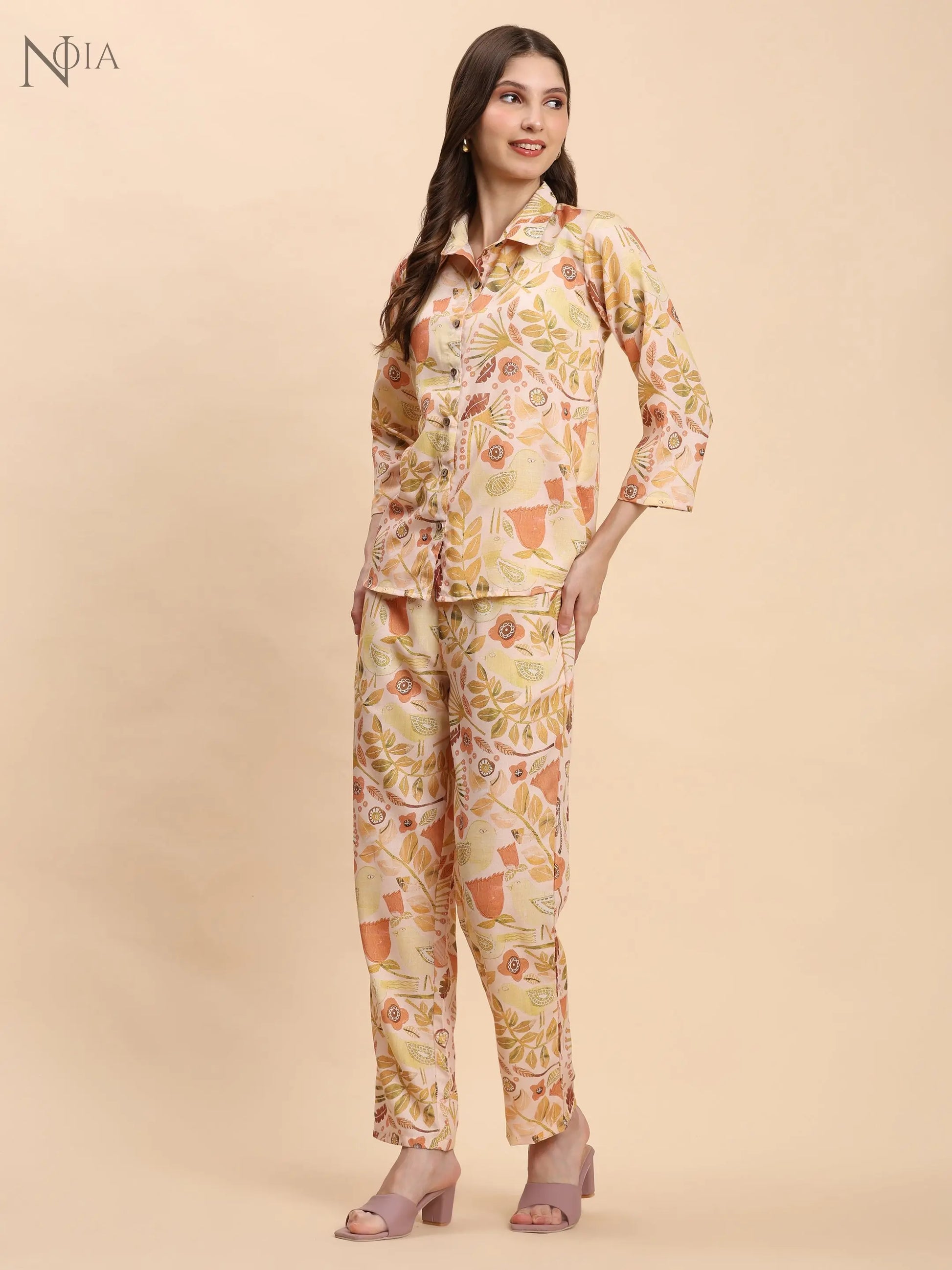 Yellow & Multi Abstract Print Co-Ord Set – Shirt & Trousers Noia