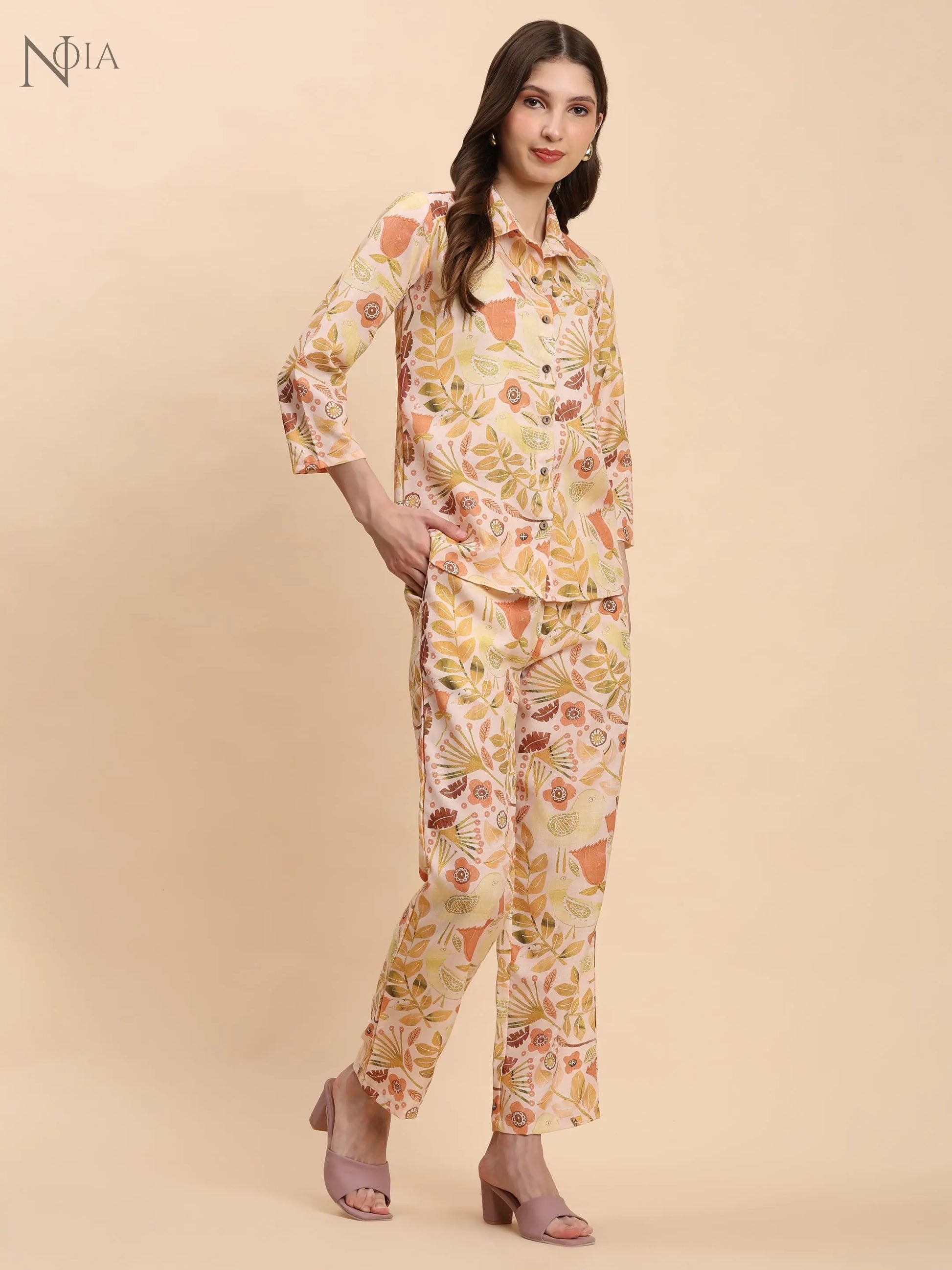 Yellow & Multi Abstract Print Co-Ord Set – Shirt & Trousers Noia