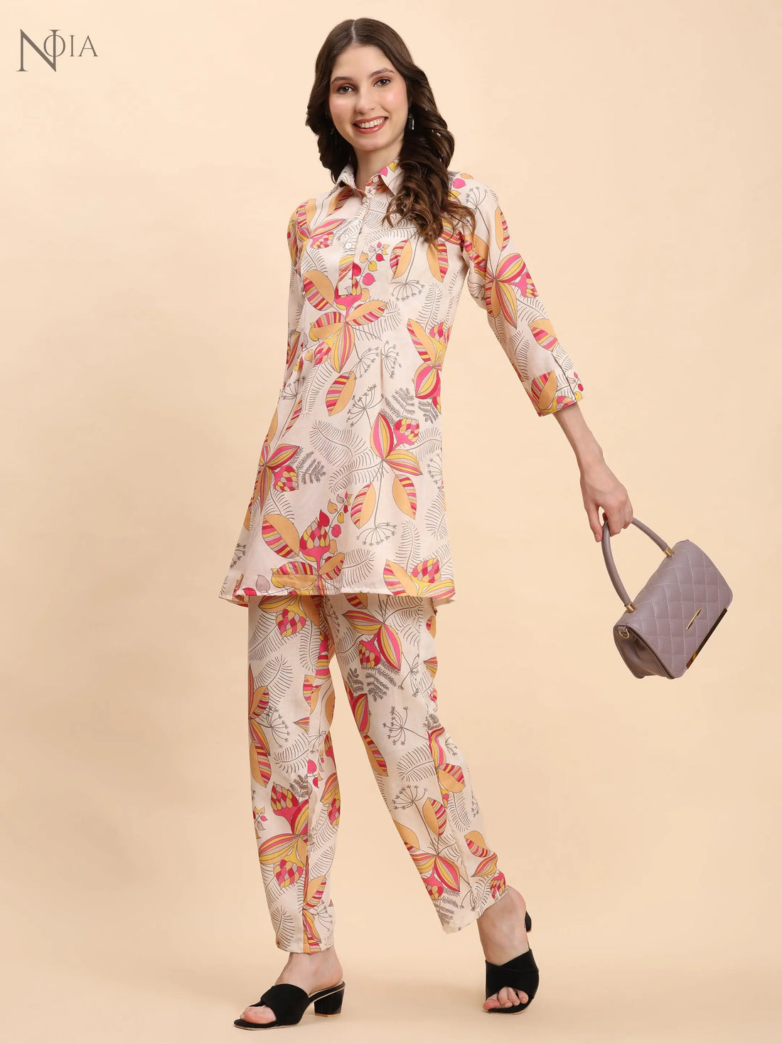 Yellow & Multi Floral Shirt Co-Ord Set – Women’s Cotton Blend | Noia Noia