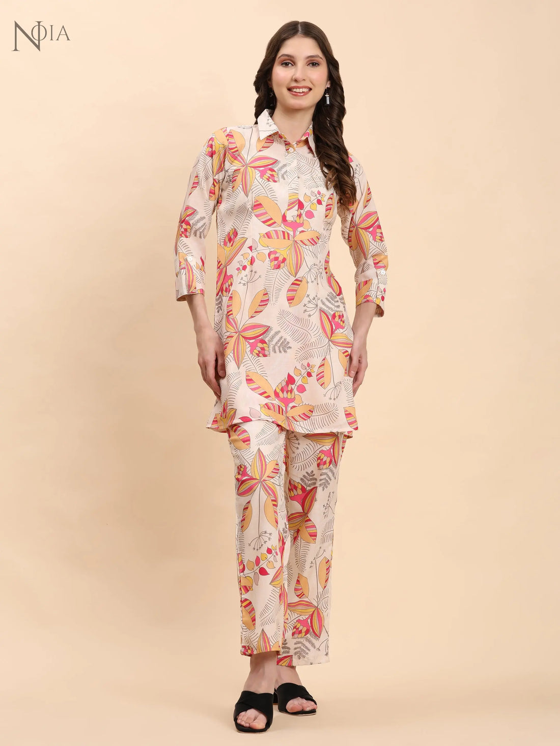 Yellow & Multi Floral Shirt Co-Ord Set – Women’s Cotton Blend | Noia Noia