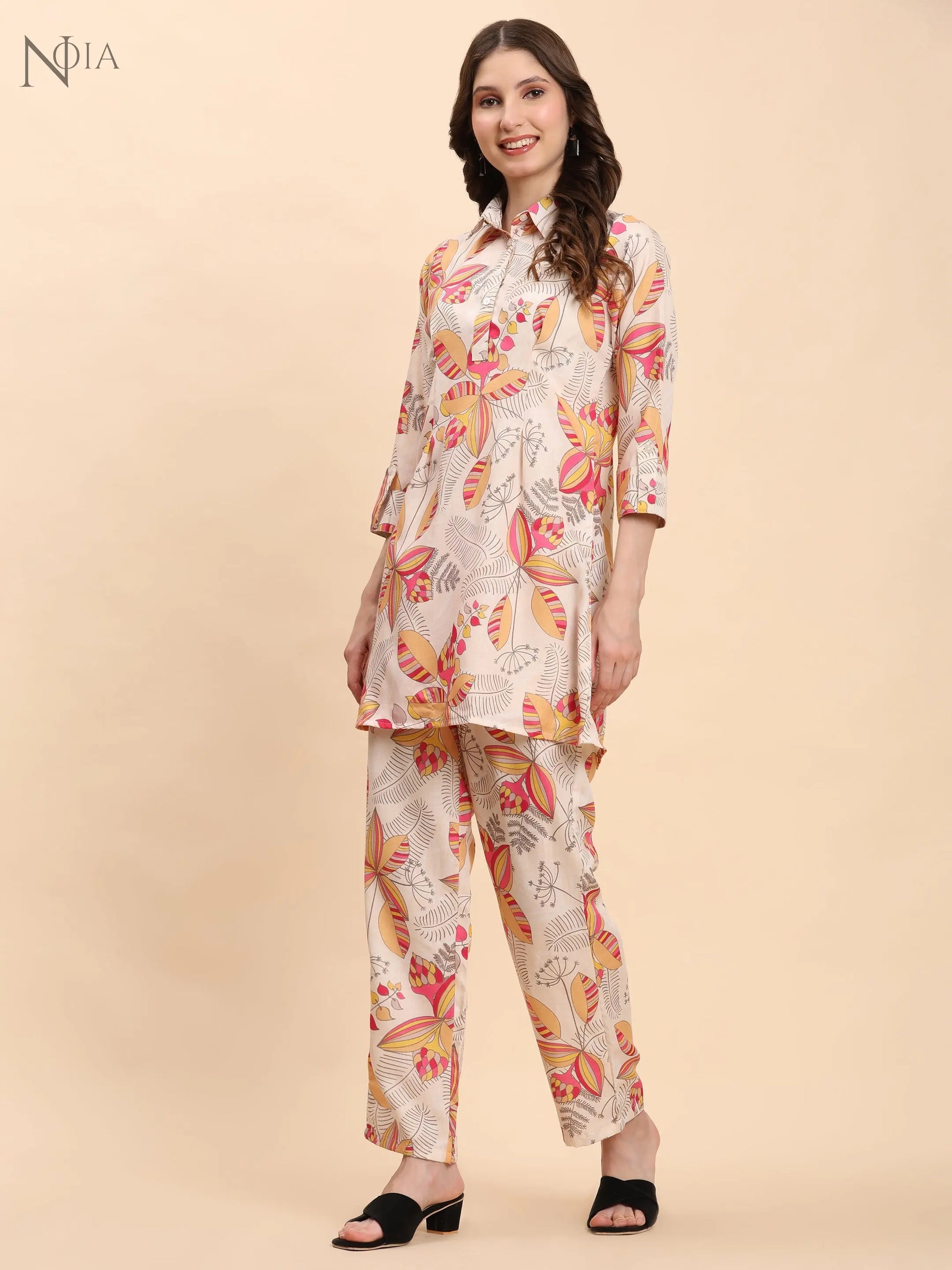 Yellow & Multi Floral Shirt Co-Ord Set – Women’s Cotton Blend | Noia Noia