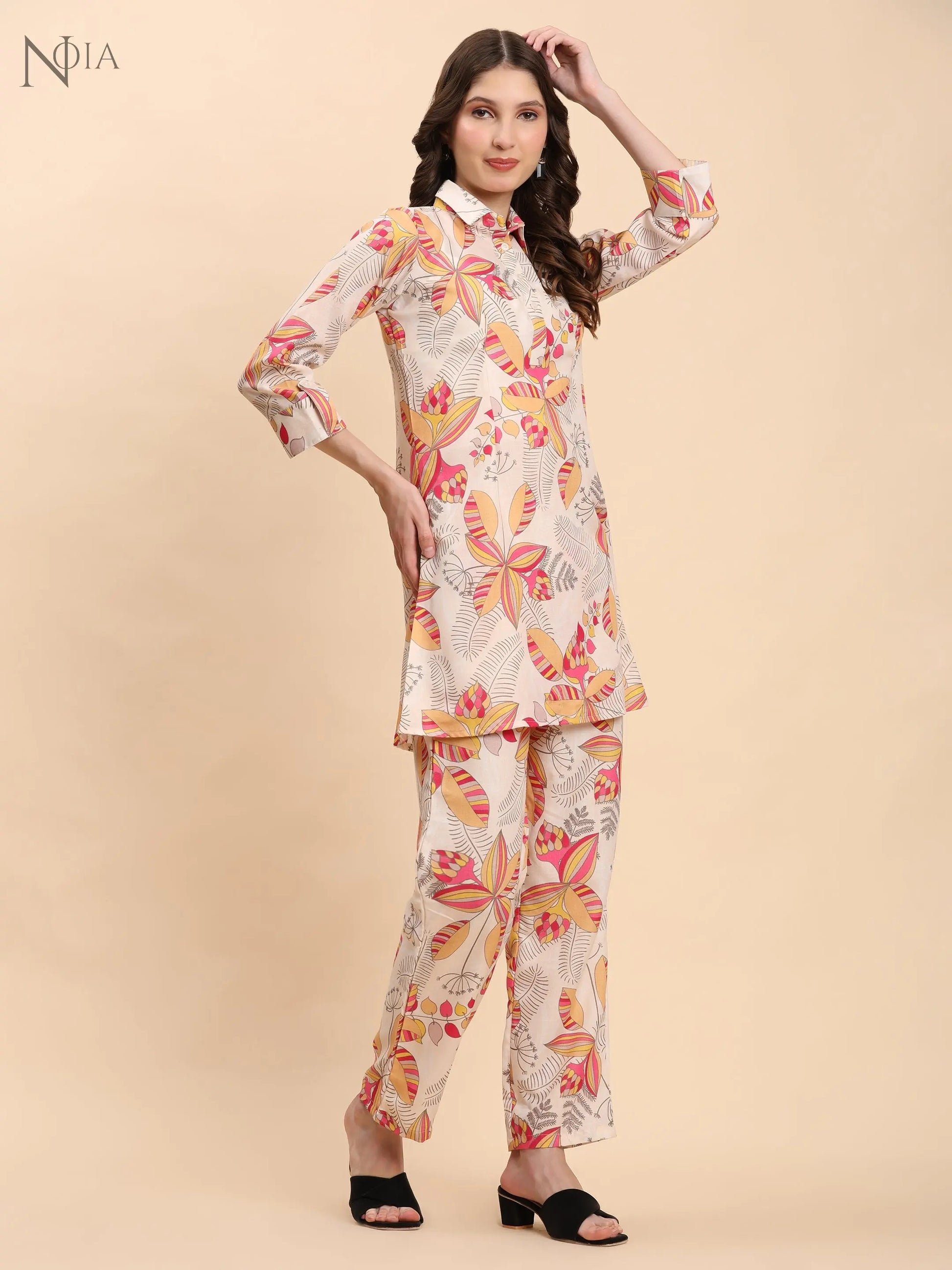 Yellow & Multi Floral Shirt Co-Ord Set – Women’s Cotton Blend | Noia Noia